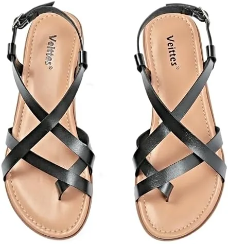veittes womens gladiator flat sandals criss cross ankle strap design non slip sole open toe summer beach toe ring thong sandals blacksize 11 us